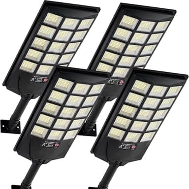 Aqraou Solar Lights Outdoor Waterproof, 6500K Dusk to Dawn Solar Street Light Motion Sensor with Remote, LED Security Flood Light for Outside Garden Yard Path, Oudoor Parking Lot Lights, 4PACK