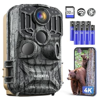 DEATTI Trail Camera 48MP 4K Game Camera with 8 Batteries 32GB SD Card,WiFi Bluetooth Connection,Trail Cameras with Night Vision Motion Activated Waterproof for Wildlife Deer Outdoor 0.1s Trigger Time