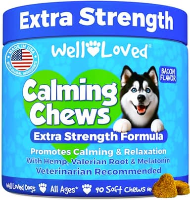 Well Loved Calming Chews for Dogs - Dog Calm Treats, Made in USA, Vet Recommended, Behavior Support with Melatonin & Hemp, Stress, Separation, Fireworks, Travel, Extra Strength