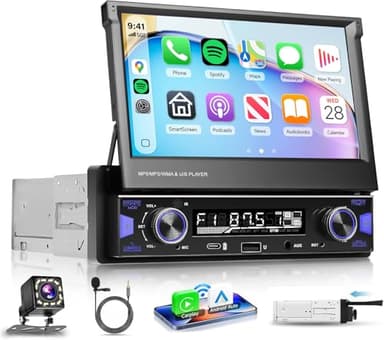 7 Inch Single DIN Flip Out Car Stereo with Wireless CarPlay & Android Auto-IPS Touchscreen, Bluetooth 5.0, Backup Camera, SWC, FM/AM Radio, Type-C Fast Charging | Universal Fit