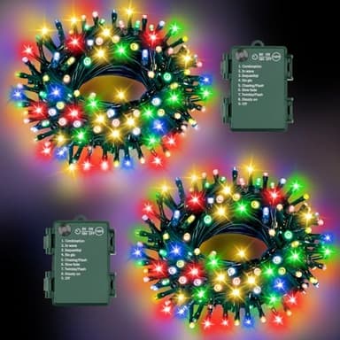 FFZZKJ Christmas Lights Outdoor Battery Operated String Lights Total 100LED 33Ft with Timer 8 Modes 16.4Ft*2 Waterproof Outdoor Indoor for Christmas Decor, Multicolor, 2-Pack