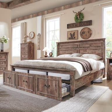 Aitjunz Farmhouse King Size Bed Frame with 51" Tall Headboard, Wood Platform Bed Frame with 20" Tall Roman Column Decoration Footboard & 3 Large Storage Drawers, No Box Spring Needed (Light Brown)