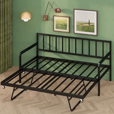 Lutown-Teen Twin Daybed with Pop up Trundle, Metal Day Bed with Trundle Bed Twin Frame and Steel Slat Support for Living Room, Bedroom and Guest Room, Black