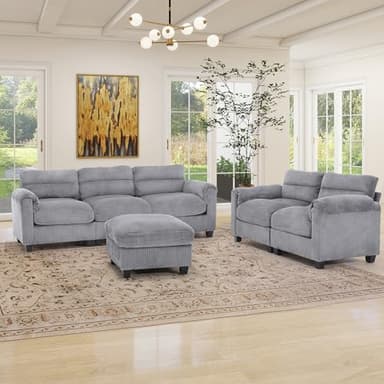 HAOMARKETS Corduroy Sofa Set, Upholstered Ottoman, Loveseat, and 3-Seater Couch with Plush Cushions and Rolled Arms, Modern Living Room Furniture Sets,Grey