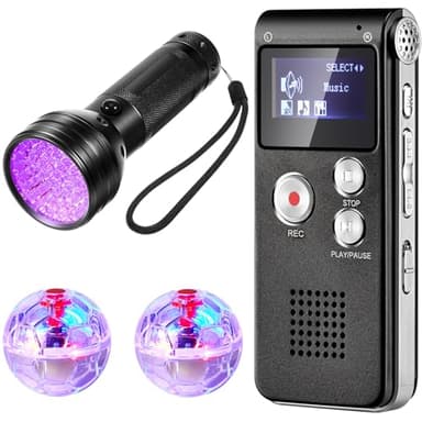 Dunzy 4 Pcs Ghost Hunting Equipment Kit Include 1 EVP Voice Recorder 8 Gb 1 UV Flashlight 2 LED Light up Cat Balls Ghost Investigation Paranormal Equipment for Home Outdoor Inspection(Black,Classic)
