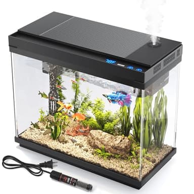 Vehipa Fish Tank 2.4 Gallon Aquarium with Heater, 3-in-1 Silent Pump with Filteration & Oxygenation & Circulation, 7-Color Timer Cycle Light, Temperature Display, Humidifier, HD Glass Fish Bowl