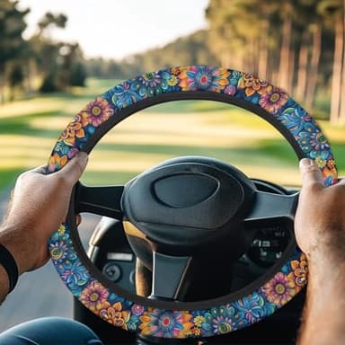 Oramclsy Tropical Flowers Print Golf Cart Steering Wheel Cover for Women Men,Small Steering Wheel Protector Decorative Universal Club Cars EZGO TXT