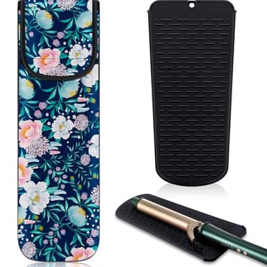 Shappy 2 Pcs Heat Resistant Hair Tools Bag Curling Iron Travel Case Cover Neoprene Flat Iron Holder Travel Case and Silicone Mat Pouch for Hot Hair Tools Storage Organizer(Flower Style)