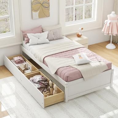 Giantex Twin Bed Frame with 2 Storage Drawers, Solid Wood Platform Bed with Slats Support, Heavy Duty Daybed with Storage, No Box Spring Needed, Twin Bed Frames for Kids Teens Adults Guests (White)