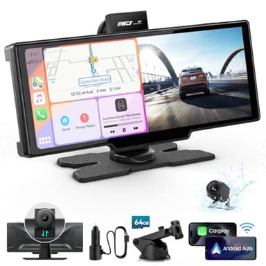 Portable Apple Carplay Screen, 10’’ Car Stereo Wireless Car Play & Android Auto Touch Screen, 4K Dash Cam, 1080P Backup Camera, Mirror Link/Voice Control/Music Play/GPS Navigation