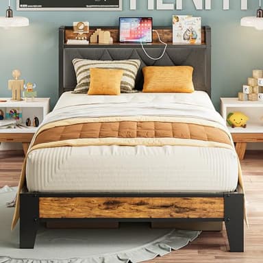 ANCTOR Twin XL Bed Frames, Storage Headboard with Outlets, Easy to Install, Sturdy and Stable, No Noise, No Box Springs Needed - Perfect for a Good Night's Sleep