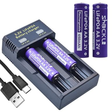 Shockli AA 3.2V Rechargeable Solar Battery with LiFePO4 Charger, AA 3.2 Volt LiFePO4 Solar Battery (4-Pack) for Panel Outdoor Garden Lights