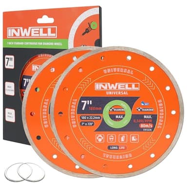 INWELL 7 Inch Diamond Blade Wet Cutting (2 Pack) - 5mm Segment Height with 7/8" Arbor - High Speed 8,500 RPM for Concrete, Tile, Granite - Includes 2 Reducing Rings (20mm)