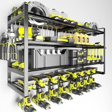 KAFAHOM Power Tool Organizer-8 Drill Holder Wall Mount,4 Layer Heavy Duty Metal Power Tool Storage Rack,Garage Tool Organizer and Storage with Screwdriver Holder/Plier Holder/Hammer Holder