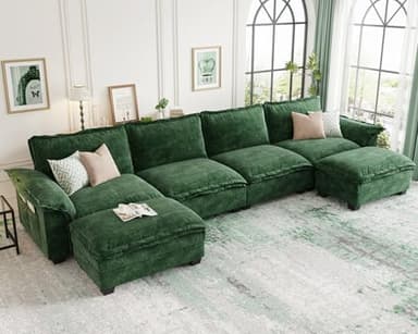 KKL U-Shaped Modular Sectional Sofa, 6 Seater Cloud Couch with Ottoman, Chenille Sectional Couches for Living Room, Apartment, Green