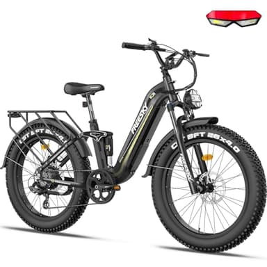 FREESKY Electric Bike for Adults, 105Miles Long Range Ebike, 25A Battery, 35MPH & 1600W Step-Thru 26'' Fat Tire Full Suspension E Bike for Mountains Commute Beach Snow Womens/Man