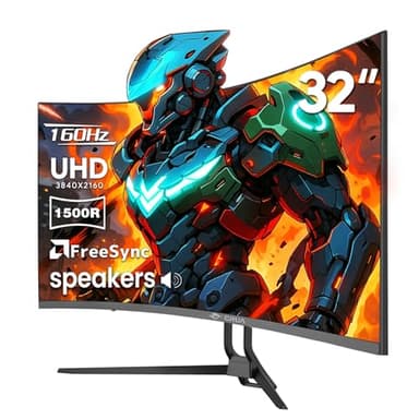 CRUA 32" Curved Gaming Monitor, 4k UHD(3840 * 2160P) VA Screen, 1500R, 144Hz/160Hz Computer Moniter, Supports AMD Freesync, 120% sRGB, Built-in Speakers, Wall Mountable Installs(HDMI 2.1/DP 1.4)-Black