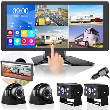4K RV Backup Camera System 10.36" Quad Split Touch Screen Monitor with 4 1080P Rear Side View Camera, DVR Recording Bluetooth MP3 MP5 IP69 Waterproof Night Vision for RV Truck Trailer Tractor
