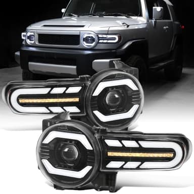 Ronnin - Fits 2007-2014 Toyota FJ Cruiser Halogen Projector Headlights LED Sequential Turn Signals + Animated Startup Effect Assembly Pair | Black