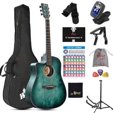 WINZZ HAND RUBBED Series - Left Handed 41 Inches Cutaway Acoustic Acustica Guitar Beginner Starter Bundle with Online Lessons, Padded Bag, Stand, Tuner, Capo, Chords, Strap, Picks, Dark Hunter Green