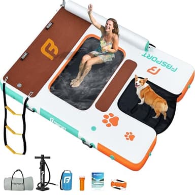 FBSPORT Inflatable Floating Dock 8ft Dog Boat Ramp in One, Floating Dock Rafts Dog Pool Ramp with Water Hammock, Inflatable Island Platform Water Raft with Ladder for Pool Lake Boat