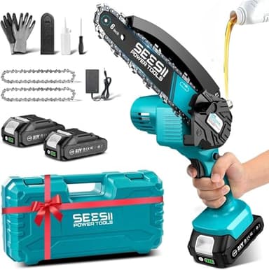 SEESII Mini Chainsaw 6 inch,Cordless Chainsaw w/ 2x2000mAh Batteries,Oiler System & Replacement Chain,Handheld Electric Chain Saw w/Safety Lock,Battery Powered Chainsaw for Wood Tree Cutting, CH600+