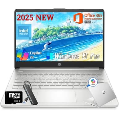 HP 2025 14 Inch Student Business Laptop, Intel Processor N150, 16 GB RAM, 384 GB Storage(128GB UFS+256GB MSD), Copilot Key, AI Powered, 1 Year Office 365, Windows 11 Pro, Natural Silver, w/Accessories