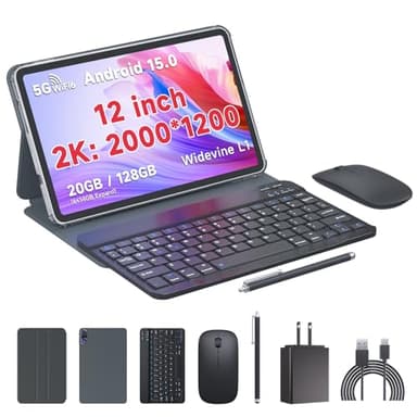 PEICHENG Tablet 12" Android15.0, Tab Set with Case/Keyboard/Mouse/Stylus, Octa-core RAM 20GB(6GB+14GB Expand)+ROM 128GB IPS 2000x1200 Screen 5MP+13MP Dural Cameras, 8000mAh Battery (T30 MAX)