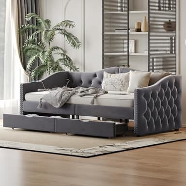 Daybed with Storage Drawers, Twin Size Velvet Upholstered Sofa Bedframe w/USB Port, Button Tufted Backrest and Nailhead Design Daybeds for Bedroom, No Box Spring Needed (Dark Grey, Twin w/Drawers)