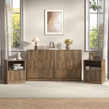Sscaktu 3-Piece Modern Bedroom Furniture Set, Wide 6-Drawer Dresser & 1-Drawer Nightstands Set of 2, Natural Wood Dresser and Nightstand Sets for Bedroom, Hallway, Walnut