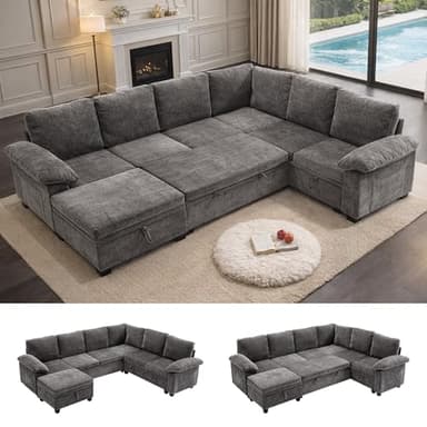 108 Inch Sectional Sleeper L Shaped Sofa with Pull Out Bed, 7 Seat Modular Sectional Sofa with Storage, Modern Chenille Cloud Couch, Sectional Couches for Living Room, Gray