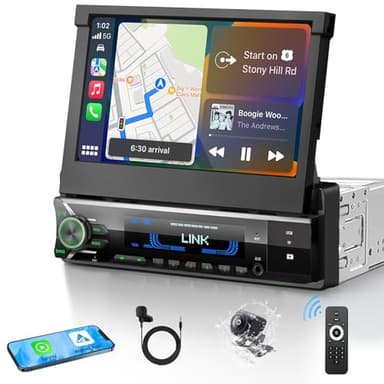 2026 Single Din Car Stereo with Wireless Apple CarPlay & Android Auto, 7-inch HD Motorized Flip-Out Touchscreen Head Unit, Bluetooth 5.1, Type-A Fast Charge, Backup Camera, DSP, AM/FM Radio Receiver