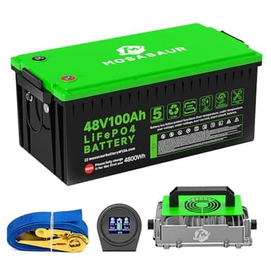 Mosasaur 48V 100Ah LiFePO4 Golf Cart Battery, 10.24kW Peak Power & 4000+ Cycles, Built-in 200A BMS | with 48V 18A Lithium Battery Charger, LCD Screen & APP Monitoring | for Golf Carts, RV, Marine