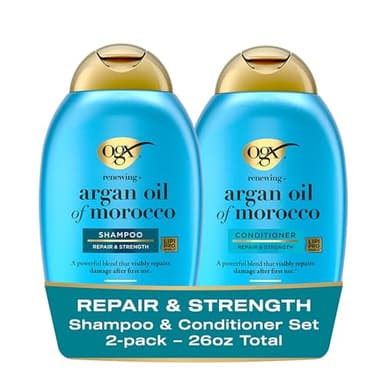 OGX Renewing Argan Oil of Morocco Sulfate Free Shampoo and Conditioner Set, Repairing for Dry, Damaged Hair, Frizz Control, Subtle Citrus Woody Scent, Lipi Pro Shield Technology, 13 fl oz, 2 Pack