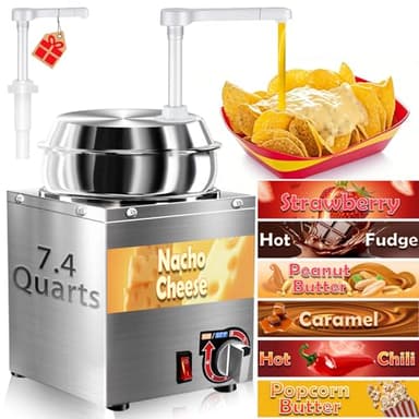 Nacho Cheese Dispenser, 7.4Qt Nacho Cheese Warmer with Pump, Stainless Steel Hot Fudge Warmer W/6-Level Temperature Adjustment, Commercial Sauce Dispenser for Butter Cheese Caramel