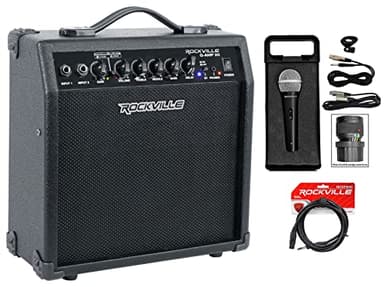 Rockville G-AMP Bundle: G-AMP 20-Watt Guitar Combo Amplifier Dual Inputs, Bluetooth, Delay, RMC-XLR High-End Wired Microphone with Cables, RCXFB10B 10ft XLR to 1/4 TRS Cable, 3-Items