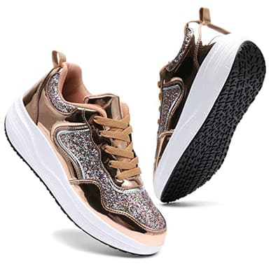 DADAWEN Women's Glitter Platform Wedge Athletic Tennis Walking Shoes Sparkly Sequin Lightweight Non Slip Casual Comfort Fashion Sneakers Gold US Size 11