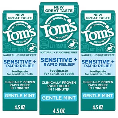 Tom’s of Maine Rapid Relief Plus Sensitive Toothpaste, Fluoride Free, 4.5 Oz, 3 Pack, Sensitive Teeth Toothpaste, Enamel Safe, Builds Arginine and Calcium Shield Around Teeth, Gentle Mint