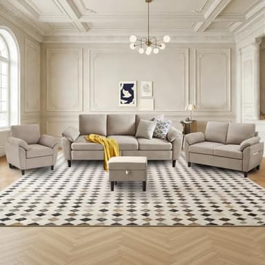 Enobala Convertible Sectional Sofa Set, 4 Piece Sectional Sofa Set for Living Room Apartment, Modern 3-Seat Sofa with Storage Ottoman + Loveseat+ Accent Chair,Beige