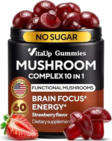 VitaUp Mushroom Gummies for Adults - USA Made 10 in 1 Mushroom Supplement - Mushroom Complex with Lions Mane, Cordyceps, Turkey Tail, Reishi, Shiitake for Cognitive & Immune Support - 60 Count