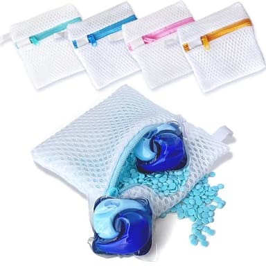 4 Pack Laundry Pod Bags with Zipper, Reusable Mesh Wash Bags for Anti-Sticking & Stain Prevention, Secure Holder for Detergent Pods & Scent Beads, Washer Safe Delicates Laundry Aid