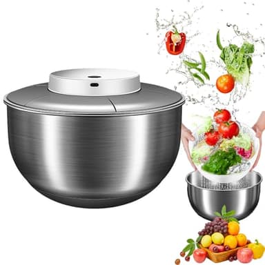 Electric Salad Spinner, 4.8L Large Capacity Lettuce Spinner Stainless Steel Salad Rotator Vegetable Dryer Fruit Washer Lettuce Cleaner Drainage Basket, USB Rechargeable Salad Dryer Food Dehydrator