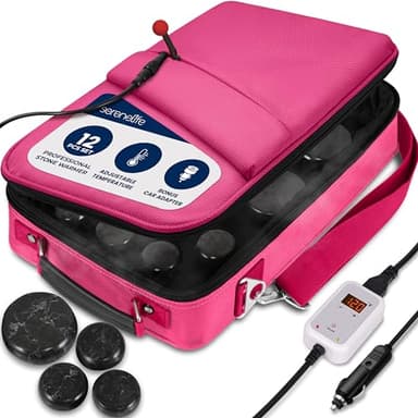 SereneLife Portable Massage Stone Warmer Set - Electric Spa Hot Stones Massager and Heater Kit with 6 Large and 6 Small Round Shaped Basalt Massaging Rocks, Digital Controller Heating Bag, Pink