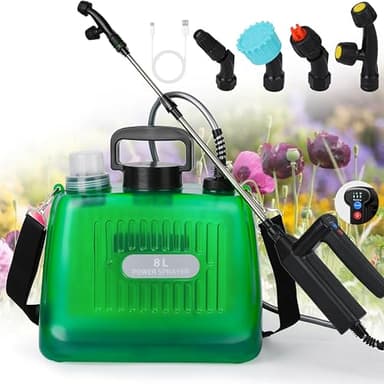 Ramarmro Battery Powered Sprayer 2 Gallon, Electric Sprayer with 4 Mist Nozzles, USB Rechargeable Handle, 32in telescopic Wand, Garden Sprayer with Adjustable Shoulder Strap for Lawn, Garden, Cleaning