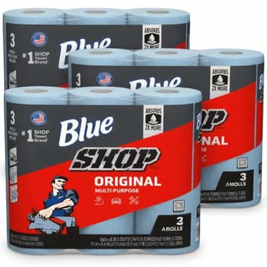 Blue Shop Towel Cleaning Wipes, Original Multi-Purpose – Heavy-Duty Absorbent Paper Towels for Garage, Auto, Tools & Home – 3 Rolls per Pack (3-Pack Bundle, 9 Total Rolls)