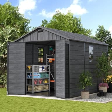 UDPATIO Outdoor Resin Storage Shed 8 x 10 FT, Plastic Storage Shed with Floor Large Outdoors Garden Tool Storage Shed Outside Clearance Shed with Lockable Door for Bike, Backyard, Patio, Dark Grey