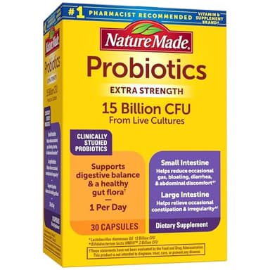 Nature Made Probiotics for Digestive Health Extra Strength 15 Billion CFU from Live Cultures, Probiotics for Women and Men, 30 Probiotic Capsules, 30 Day Supply
