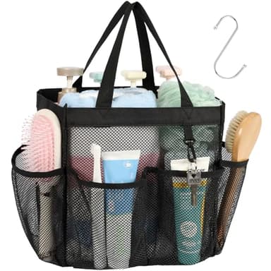 F-color Mesh Shower Caddy Portable, Upgrade Deeper 7 Pockets Shower Bag Basket Tote for College Dorm Room Toiletry Bathroom Essentials Gym Camp Quick Dry 2 handles with S Hook, Black