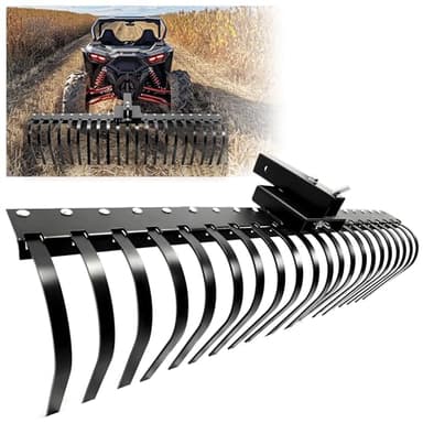 KUAFU 60 Inch Landscape Rake Pine Straw Rake Tractors Rake Fit for 2 Inch Receiver ATV UTV SxS Features 48" or 60" Accessory Tool Bar & 3 Point Hitch System Powder Coated Steel