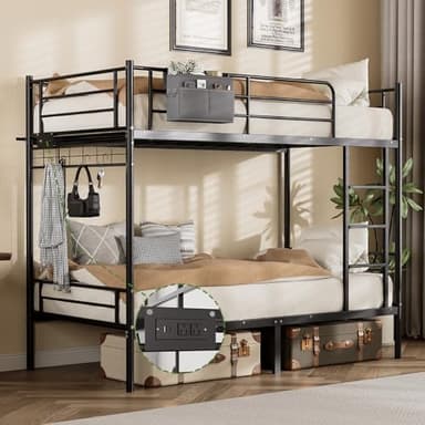 LIPIGE Bunk Bed Twin Over Twin,Metal Bunk Beds with Power Outlet and LED Lights,Heavy-Duty Safety Rails Ladder,Space-Saving Design with Storage Hooks,440lbs Capacity for Adults,Black